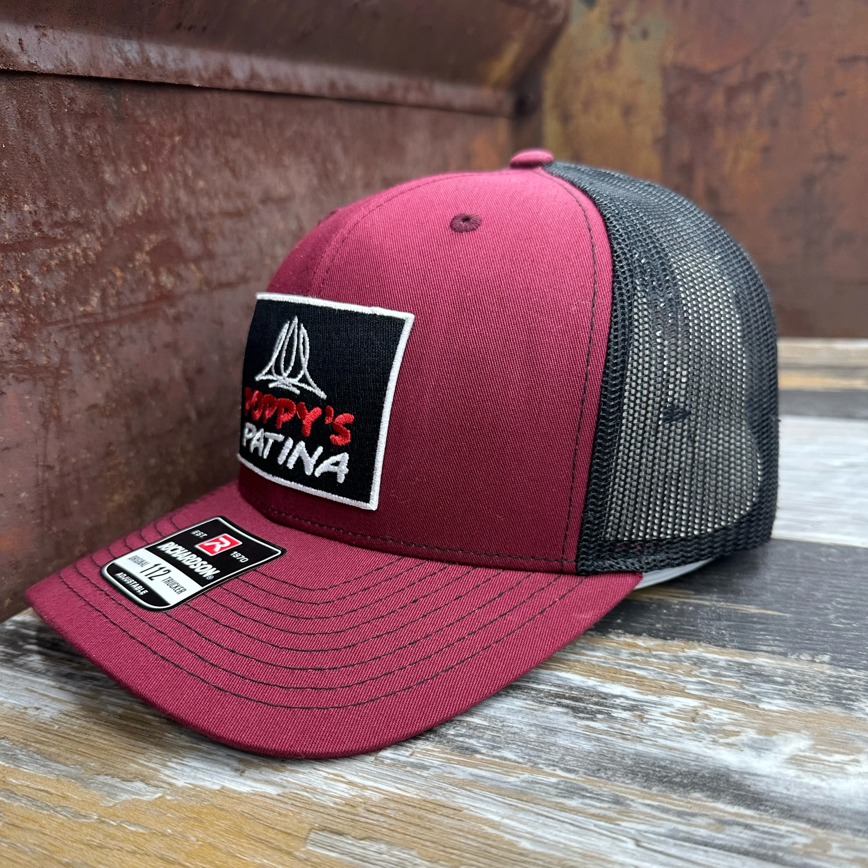 Poppy’s Patina Adjustable Trucker Hat (Richardson 112) Cardinal Red/Black - Image 2